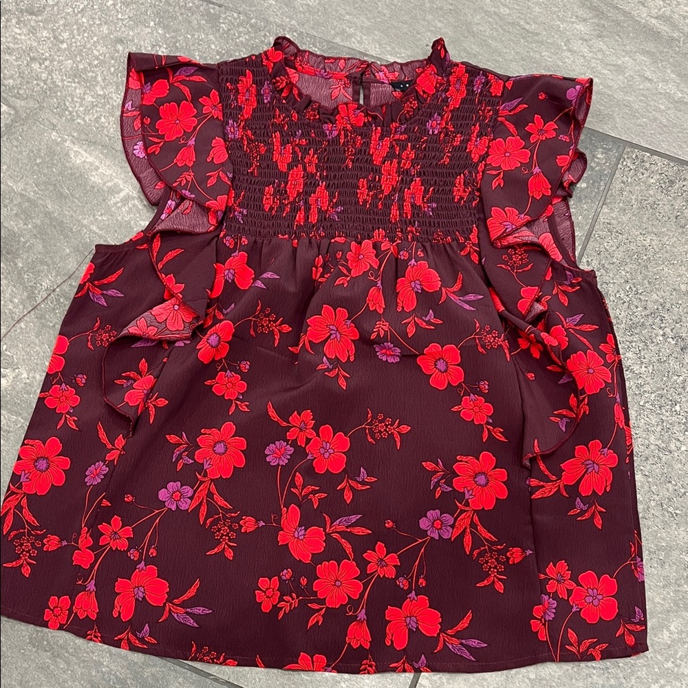 Sanctuary Burgundy Top with Red & Purple Floral Print
